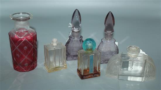 Clear glass and 2 amethyst glass Art Deco scent bottles & pink flashed glass scent bottle